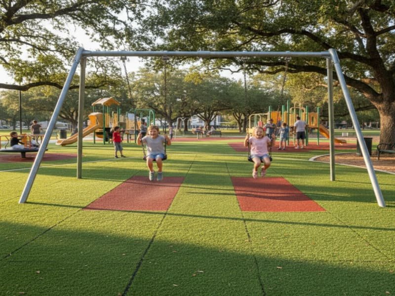 Worker installing interlocking shock pads with expansion gap detail